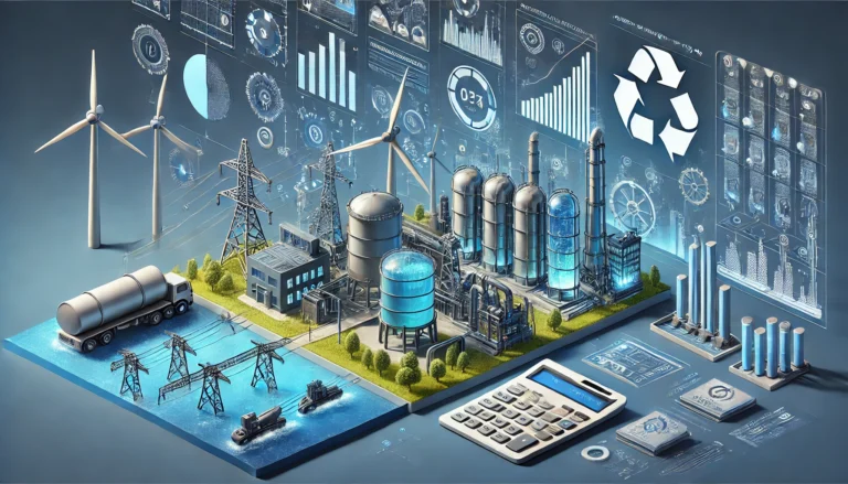 Ilustrasi infrastruktur pengolahan air dengan energi ramah lingkungan, grafik analisis data, dan ikon pajak - SMR Jasa Konsultan Pajak Profesional Bekasi.