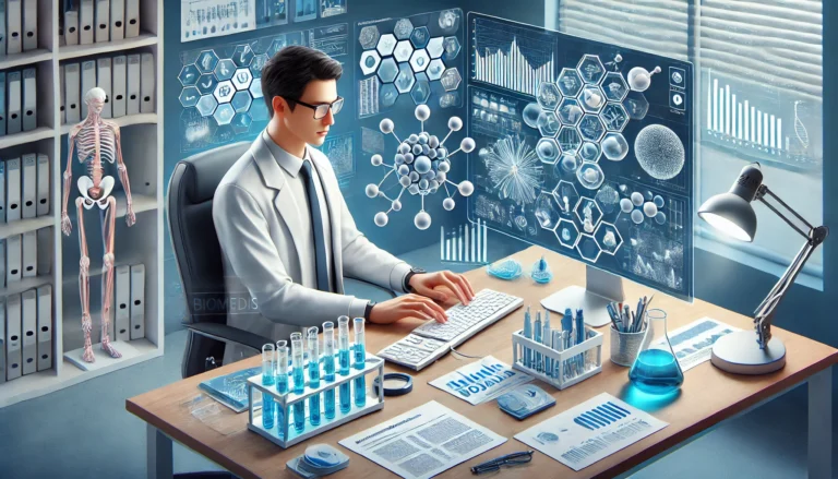 Tips Manajemen Pajak untuk Perusahaan Riset Biomedis - Peneliti biomedis di laboratorium modern dengan data digital dan molekul 3D - SMR Jasa Konsultan Pajak Profesional Bekasi