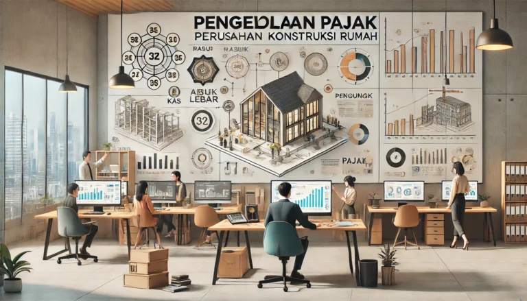 Tim profesional sedang mengelola pajak perusahaan konstruksi rumah di kantor modern dengan grafik dan diagram analisis pajak