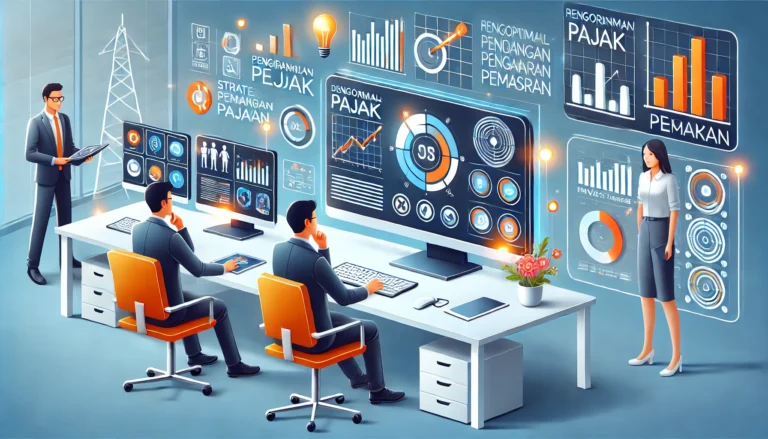 Tim analis pajak sedang membahas strategi pengurangan pajak melalui pengeluaran pemasaran di kantor dengan tampilan data grafis